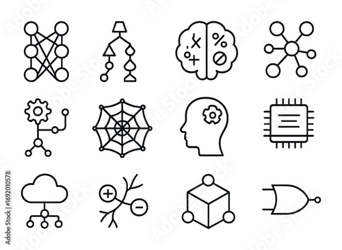 Neuro-Symbolic Icons Grid. Outline icon set of Neuro-Symbolic AI: neural network diagram, symbolic logic tree,