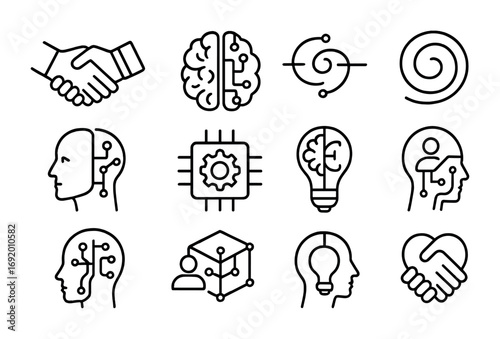 Hybrid Intelligence Icons. Outline icon set of Hybrid Intelligence: AI-human handshake, hybrid brain icon,