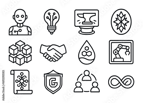 Futuristic Craft Icons. Outline icon set of Crafting Futures: AI artisan icon, neural creativity lamp,