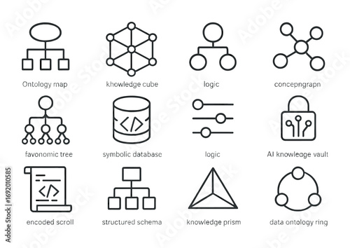 Knowledge Representation Icons. Outline icon set of Knowledge Representation: ontology map, knowledge cube,
