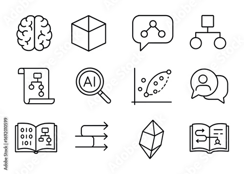 Explainable AI Icon Set. Outline icon set of Explainable AI: transparent brain, open black box icon, logic