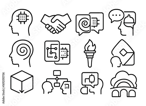 Human-AI Icon Set. Outline icon set of Human-AI Reasoning: human head with logic chip, symbolic partnership