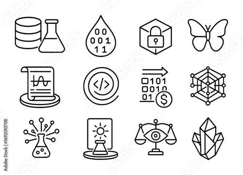 Futuristic Data Icons. Outline icon set of Data Transmutation: database flask, binary drop, encrypted cube,
