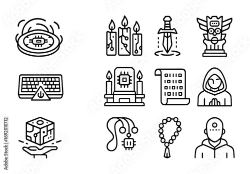 AI Ritual Icon Set. Outline icon set of AI Rituals: virtual summoning circle, neural candles, AI totem, sacred