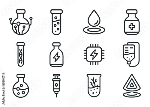Cyber Elixirs Icon Set. Outline icon set of Cyber Elixirs: potion vial with circuits, glowing nanoliquid,