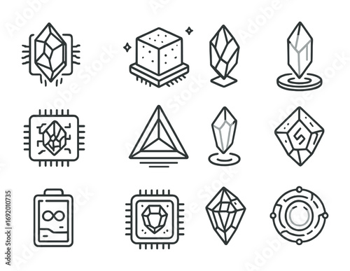 Futuristic Tech Icons. Outline icon set of Machine Philosophers Stone: crystal processor, glowing chip cube,