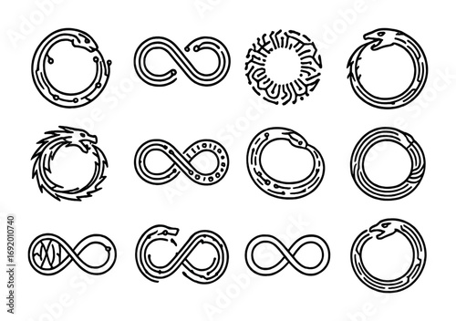 Techno-Ouroboros Icon Set. Outline icon set of Techno-Ouroboros: snake of circuits, infinity loop with wires,