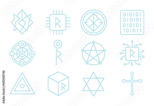 Digital Rune Icons. Outline icon set of Digital Sigils: glowing geometric code, rune processor, techno-sigil