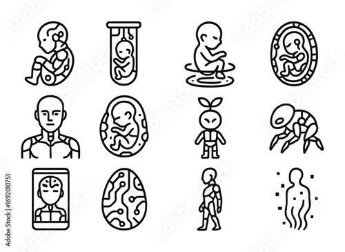 Cyber Homunculus Icons. Outline icon set of Cyber Homunculus: android embryo, neon test tube child, AI fetus