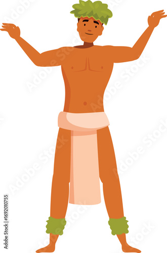 Polynesian male dancer wearing leaf skirt and anklets, performing a traditional ritual dance