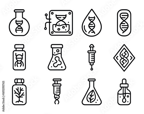 Bio-Digital Elixir Icons. Outline icon set of Bio-Digital Elixirs: DNA helix in flask, biochip potion, genetic