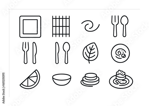 Gourmet Plating Icons. Outline icon set of gourmet fusion plating: square plate, bamboo mat, sauce swirl,