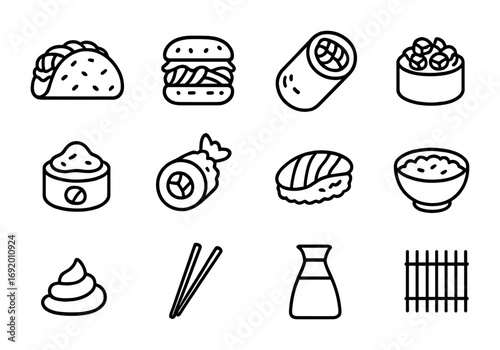 Sushi Fusion Icons. Outline icon set of sushi fusion: sushi taco, sushi burger, sushi burrito, ceviche sushi,