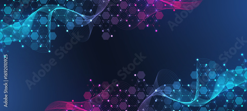 Molecular abstract structure and genetic engineering DNA. Healthcare and medicine background concept. Scientific research background. Wave flow. Innovation pattern. Vector illustration.