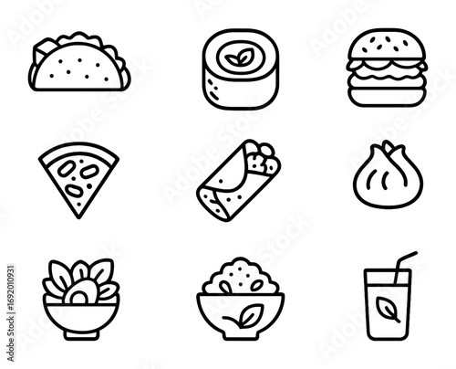 Plant-Based Icon Set. Outline icon set of plant-based fusion: tofu taco, vegan sushi roll, falafel burger,