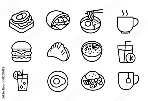 Fusion Breakfast Icons. Outline icon set of fusion breakfast: avocado toast sushi, pancake taco, ramen