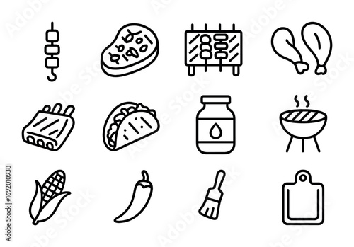 Fusion BBQ Icons. Outline icon set of fusion BBQ: teriyaki skewer, chimichurri steak, satay grill, jerk