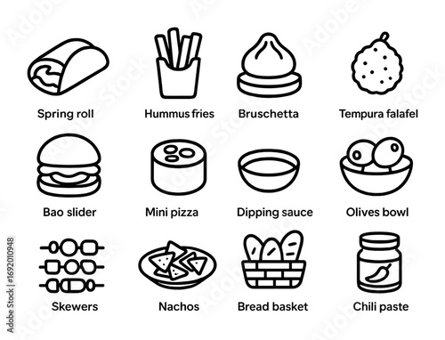 Fusion Appetizer Icons. Outline icon set of fusion appetizers: spring roll taco, hummus fries, bruschetta