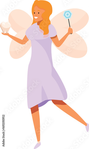 Smiling blonde tooth fairy wearing purple dress flying holding magic wand and molar