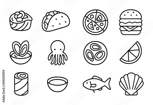 Seafood Fusion Icons. Outline icon set of seafood fusion: ceviche sushi, shrimp taco, salmon pizza, tempura