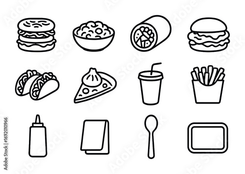 Comfort Fusion Food Icons. Outline icon set of comfort fusion foods: ramen burger, curry mac and cheese, sushi