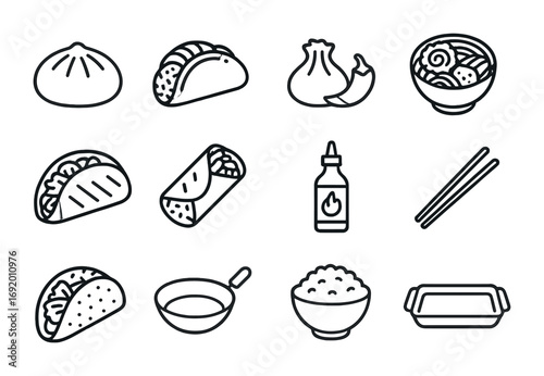 Latin-Asian Snack Icons. Outline icon set of Latin-Asian street snacks: bao empanada, sushi taco, chili
