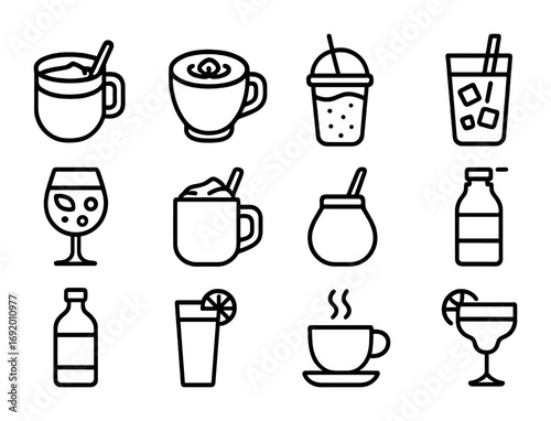 Fusion Drink Icons. Outline icon set of fusion comfort drinks: chai latte, matcha mocha, horchata smoothie,