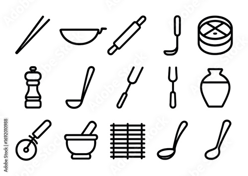 Global Kitchen Icons. Outline icon set of global kitchen tools: chopsticks, wok pan, rolling pin, bamboo