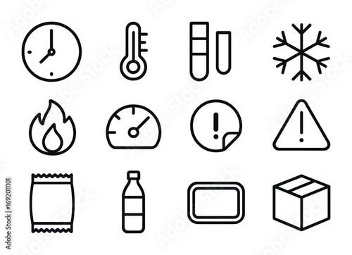 Time-Temperature Icon Set. Outline icon set of time-temperature indicators: clock icon, thermometer, color