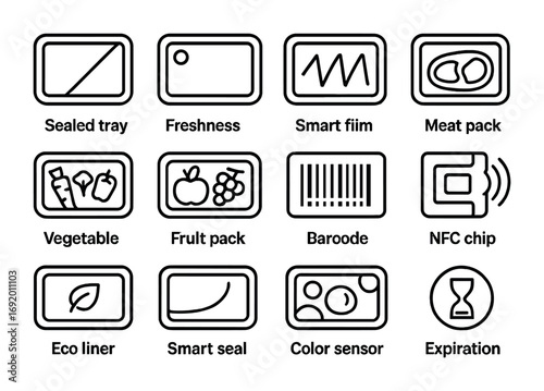 Smart Food Tray Icons. Outline icon set of intelligent food trays: sealed tray, freshness dot, smart film,