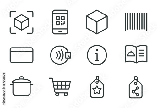 Interactive Packaging Icons. Outline icon set of interactive packaging: AR symbol, smartphone scan, 3D cube,