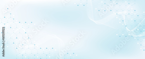 Modern health care or medical background design. Health care innovation concept. Horizontal header web banner. Abstract geometric background with hexagon shapes for medicine, science, chemistry.