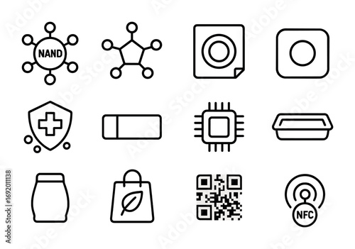 Nanotechnology Packaging Icons. Outline icon set of nanotechnology packaging: nano icon, molecular structure,