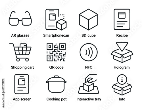 Augmented Reality Icons. Outline icon set of augmented reality packaging: AR glasses, smartphone scan, 3D cube