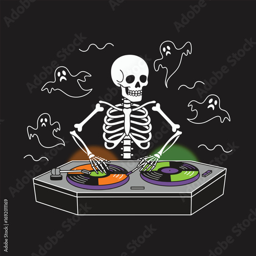 Vector art of skeleton dj playing music on turntables with ghosts dancing around, spooky halloween party theme