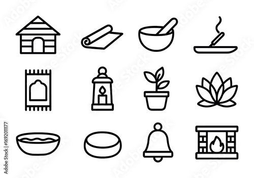 Meditation Lodge Icons. Outline icon set of meditation lodges: wooden hut, yoga mat, singing bowl, incense