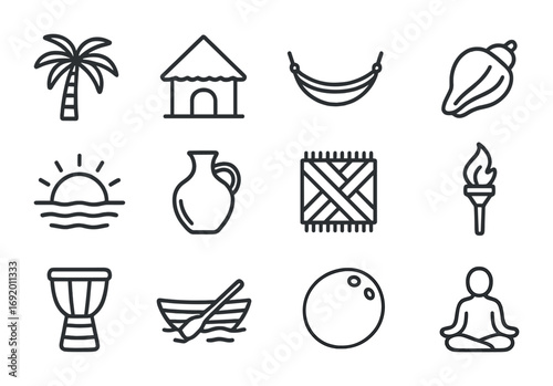 Island Retreat Icons. Outline icon set of island retreats: palm tree, hut, hammock, conch shell, sunrise,