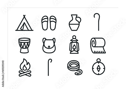 Nomadic Retreats Icon Set. Outline icon set of nomadic retreats: tent, sandals, water jug, staff, drum, bag,