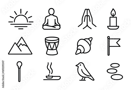 Sunrise Ceremony Icons. Outline icon set of sunrise ceremonies: rising sun, silhouette meditating, prayer
