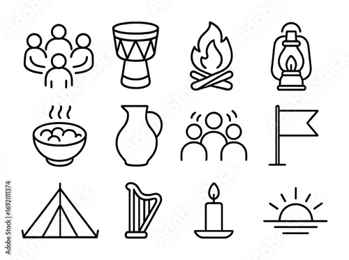Spiritual Gathering Icons Grid. Outline icon set of spiritual community gatherings: circle of people, drum,