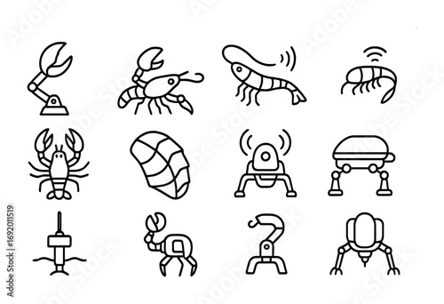 Crustacean Robotics Icons. Outline icon set of crustacean robotics: crab claw bot, lobster walker, shrimp