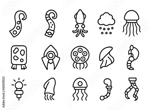 Cephalopod Robot Icons. Outline icon set of cephalopod-inspired robots: octopus arm, squid tentacle,