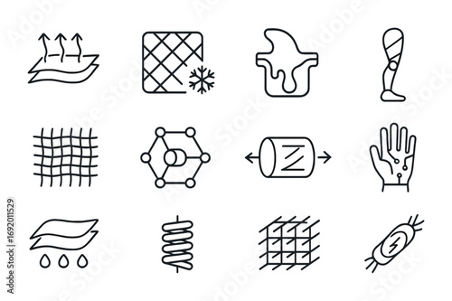 Bio-Robotic Materials Icons. Outline icon set of bio-robotic materials: flexible polymer, smart fabric,