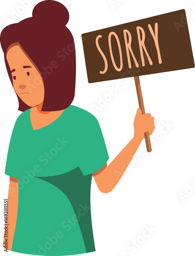 Sad woman holding a sorry sign, expressing regret and apologizing for a mistake, seeking forgiveness