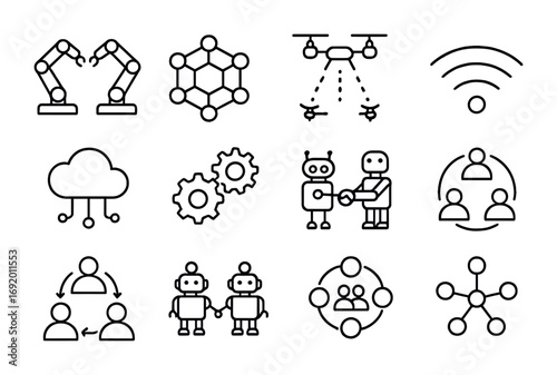 Robotic Collaboration Icons. Outline icon set of robotic collaboration: two robotic arms, hive hub, drone link