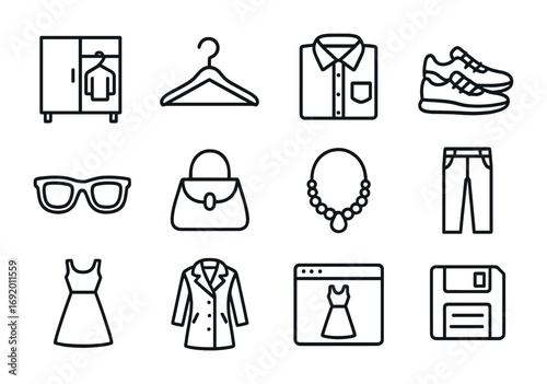Digital Wardrobe Icons. Outline icon set of digital wardrobes: closet icon, clothing hanger, folded shirt,