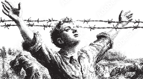 Barbed wire with a human figure raising hands, detailed black and white vector illustration. Engraving style with classic realistic elements.
