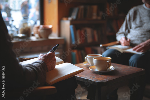 A coffee shop where two people sit with notebooks A philanthropist considers donating to a small-town library