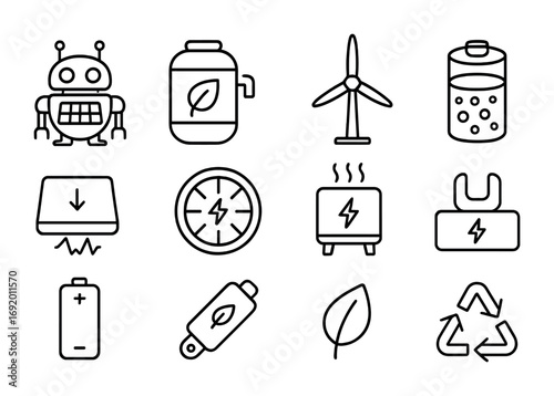 Energy Robotics Icons. Outline icon set of energy-efficient robotics: solar cell bot, biofuel tank, wind rotor