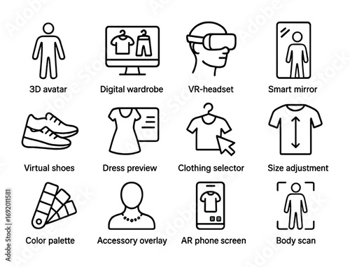 Virtual Fashion Icons. Outline icon set of virtual fashion fitting: 3D avatar, digital wardrobe, VR headset,